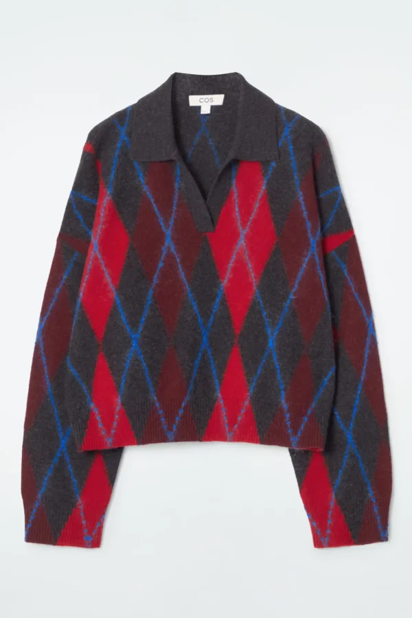 COS ARGYLE WOOL POLO SWEATER RED / ARGYLE Online