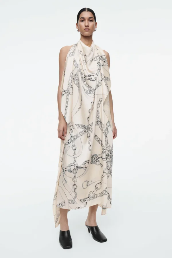 COS ASYMMETRIC CHAIN-PRINT MIDI DRESS WHITE / PRINTED Best Sale