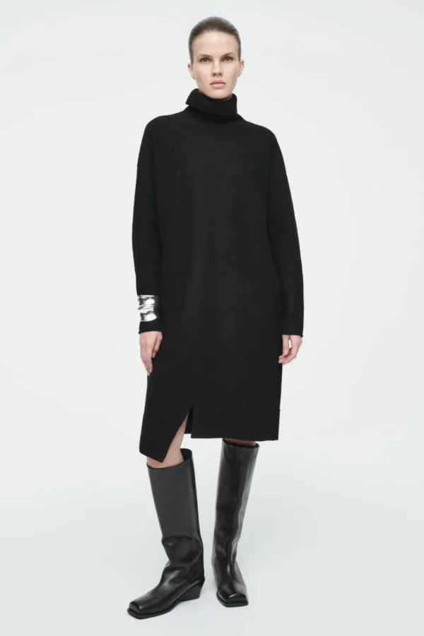 COS ASYMMETRIC MERINO WOOL DRESS BLACK Clearance