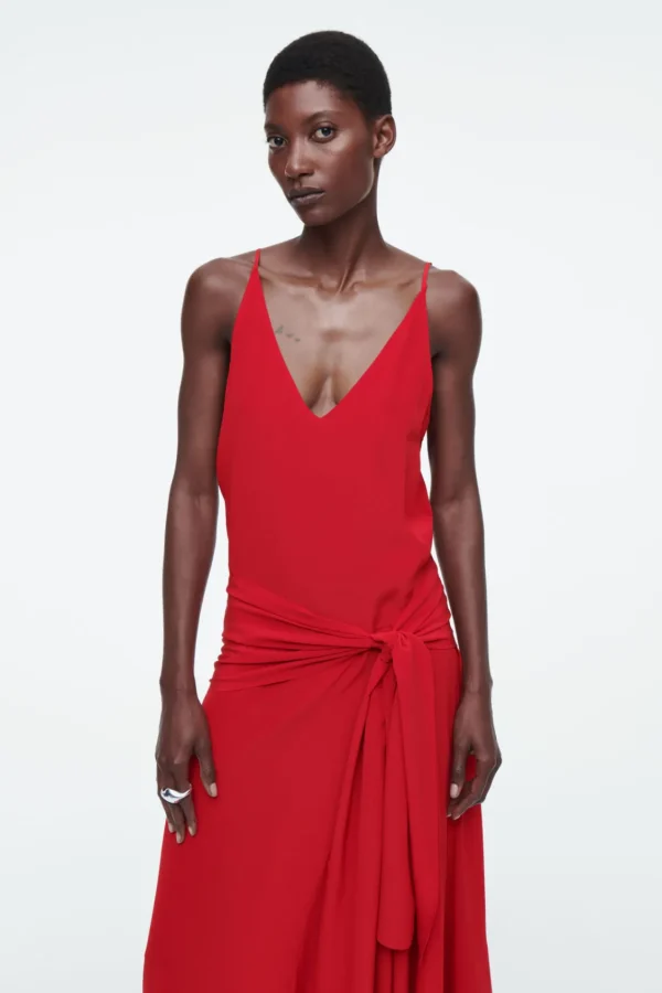 COS ASYMMETRIC TIE-WAIST SILK DRESS RED Online