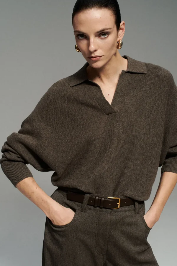 COS BATWING-SLEEVE WOOL POLO SWEATER BROWN Clearance