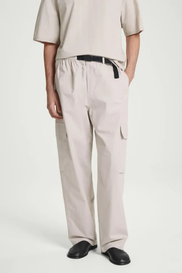 COS BELTED TECHNICAL COTTON CARGO PANTS STONE Hot