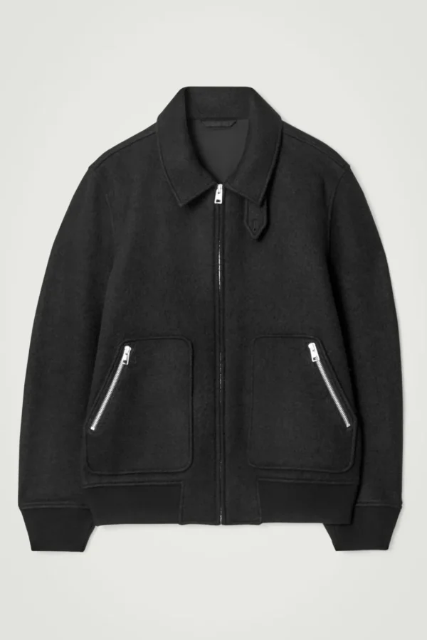 COS BOILED MERINO WOOL AVIATOR JACKET BLACK Outlet