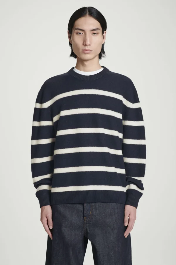 COS BOILED-WOOL CREW-NECK SWEATER NAVY / STRIPED Fashion