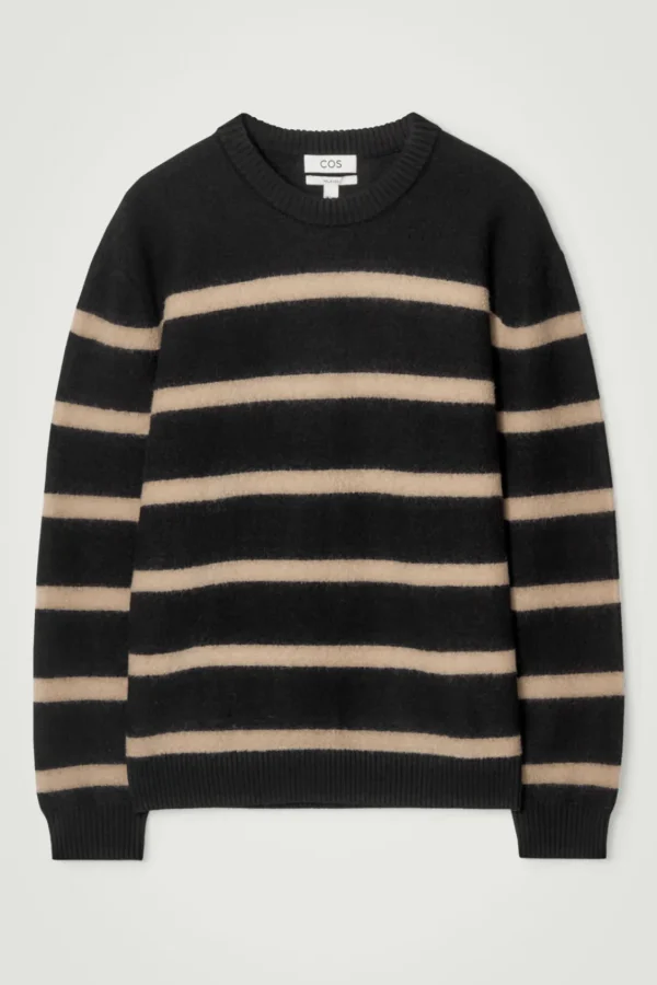 COS BOILED-WOOL CREW-NECK SWEATER BLACK / BEIGE / STRIPED Fashion