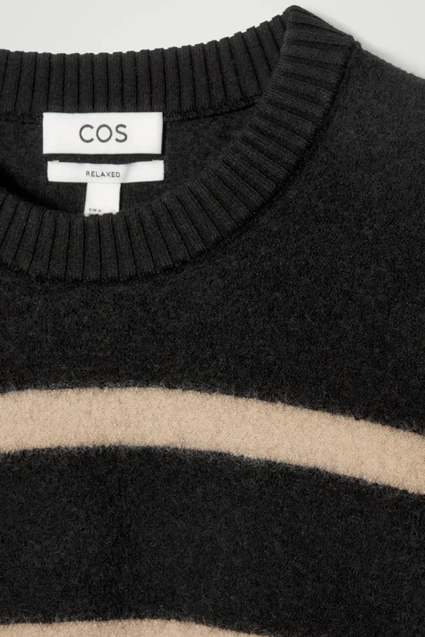 COS BOILED-WOOL CREW-NECK SWEATER BLACK / BEIGE / STRIPED Fashion