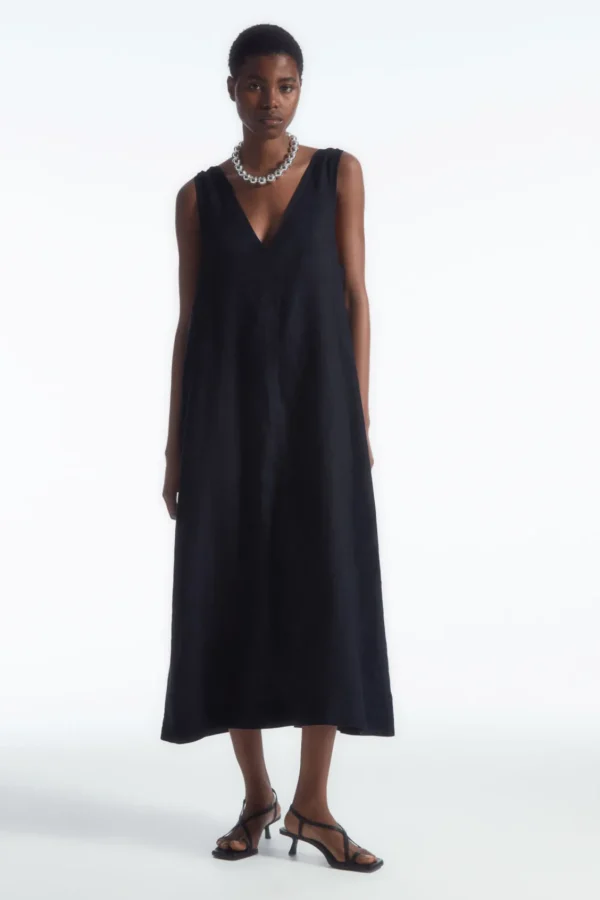 COS BOW-DETAIL LINEN MIDI DRESS NAVY BLUE Sale