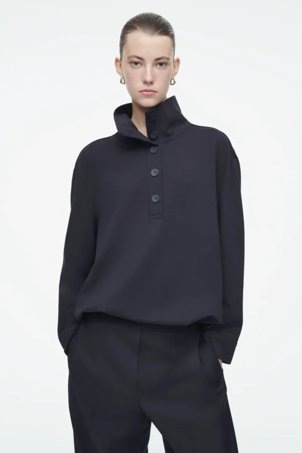 COS BUTTONED FUNNEL-NECK TOP NAVY New