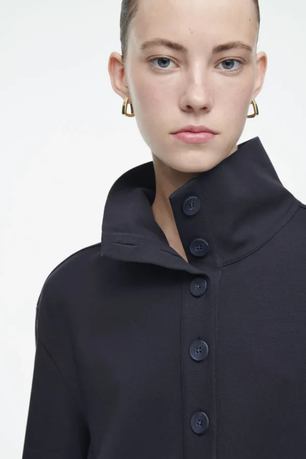 COS BUTTONED FUNNEL-NECK TOP NAVY New