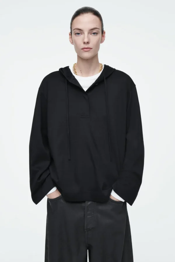 COS BUTTONED LIGHTWEIGHT JERSEY HOODIE BLACK Cheap