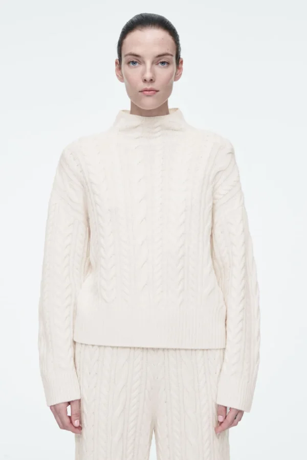 COS CABLE-KNIT WOOL FUNNEL-NECK SWEATER IVORY Clearance