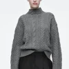 COS CABLE-KNIT WOOL FUNNEL-NECK SWEATER GRAY Sale