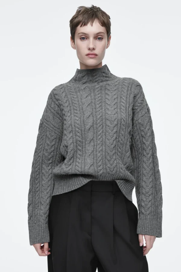 COS CABLE-KNIT WOOL FUNNEL-NECK SWEATER GRAY Sale