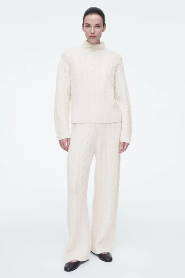 COS CABLE-KNIT WOOL FUNNEL-NECK SWEATER IVORY Clearance