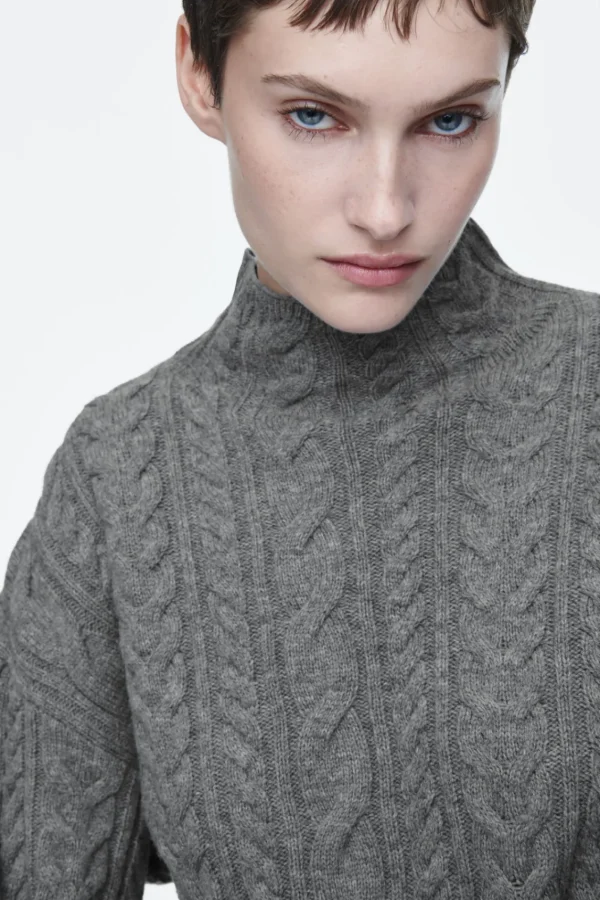 COS CABLE-KNIT WOOL FUNNEL-NECK SWEATER GRAY Sale