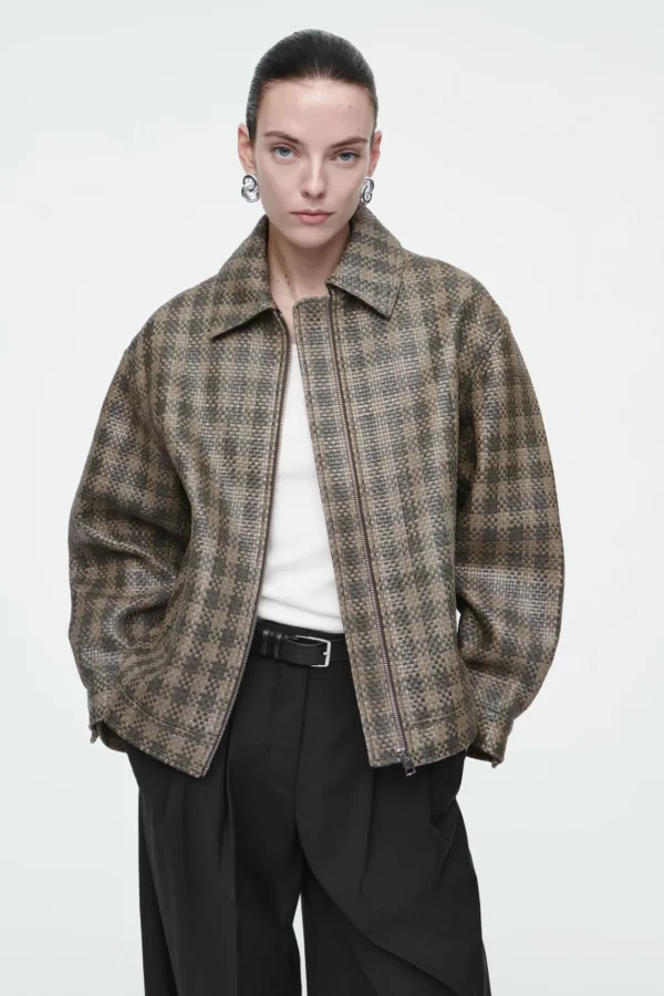 COS CHECKED WOVEN LEATHER JACKET KHAKI / CHECKED Clearance