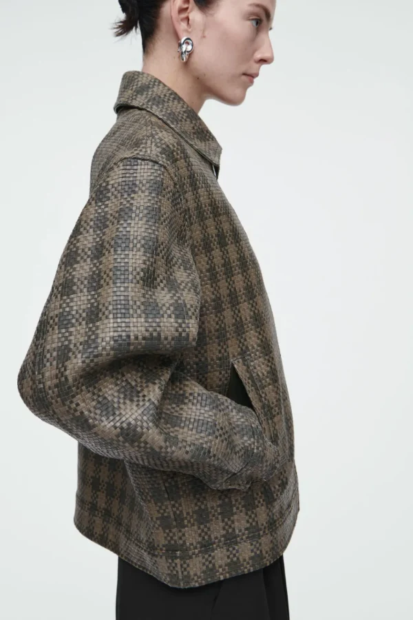 COS CHECKED WOVEN LEATHER JACKET KHAKI / CHECKED Clearance