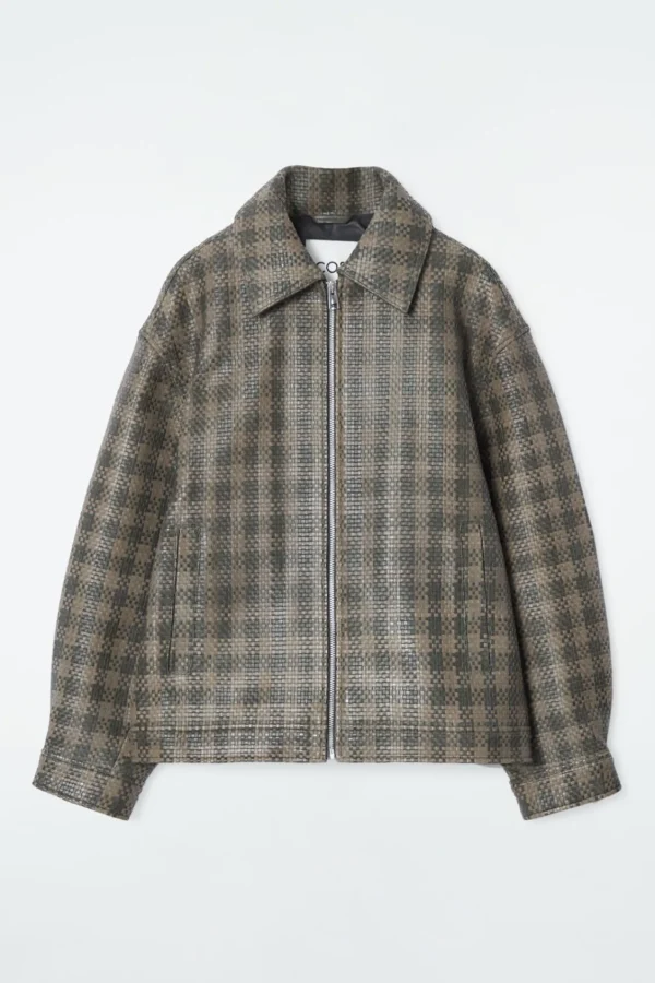 COS CHECKED WOVEN LEATHER JACKET KHAKI / CHECKED Clearance