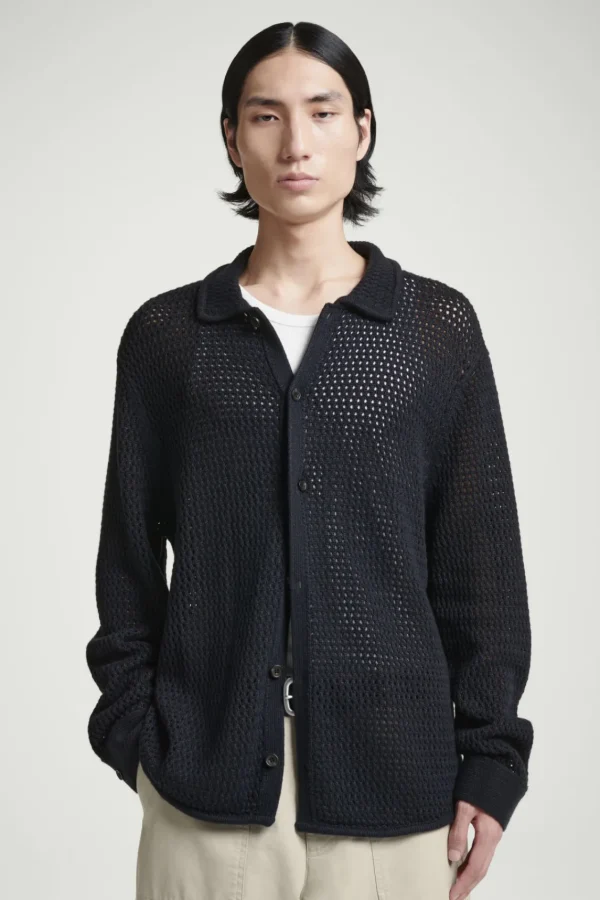 COS COLLARED OPEN-KNIT WOOL CARDIGAN NAVY Flash Sale