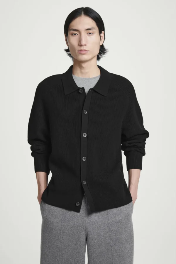 COS COLLARED RIBBED WOOL-CASHMERE CARDIGAN BLACK Cheap