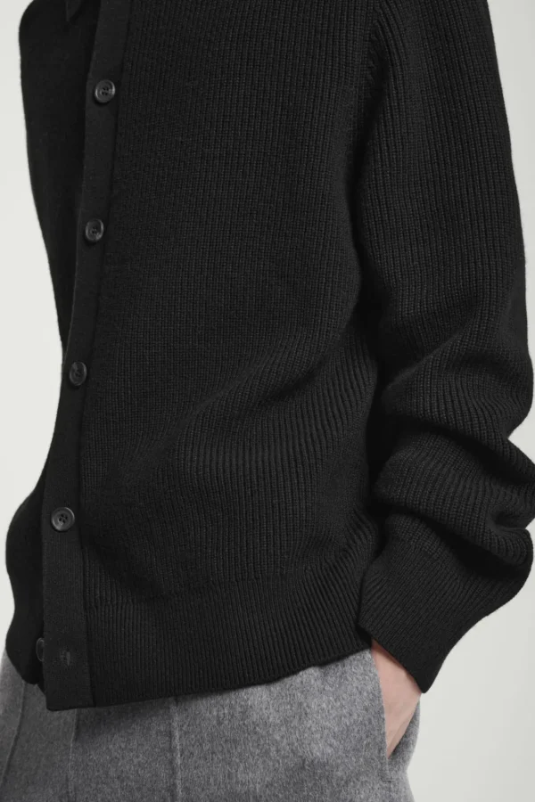 COS COLLARED RIBBED WOOL-CASHMERE CARDIGAN BLACK Cheap