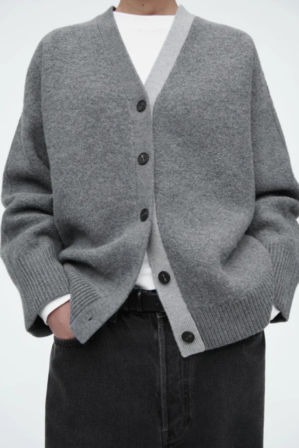 COS COLOUR-BLOCK WOOL V-NECK CARDIGAN GRAY Best Sale