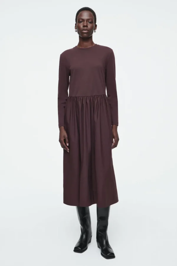 COS CONTRAST-PANEL LONG-SLEEVED MIDI DRESS BURGUNDY Outlet