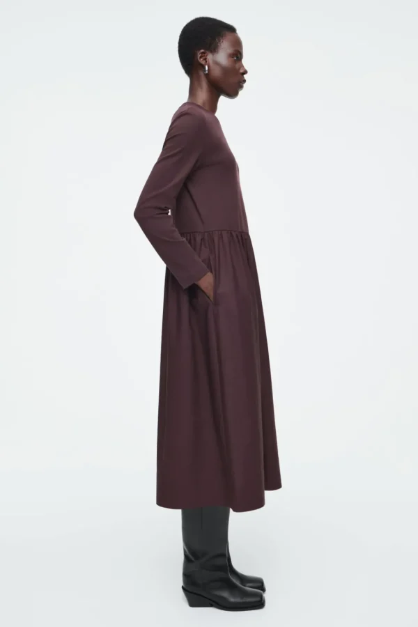 COS CONTRAST-PANEL LONG-SLEEVED MIDI DRESS BURGUNDY Outlet