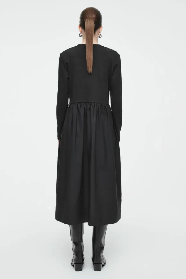 COS CONTRAST-PANEL LONG-SLEEVED MIDI DRESS BLACK Hot