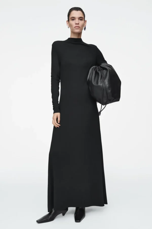 COS COWL-NECK LONG-SLEEVED MAXI DRESS BLACK New