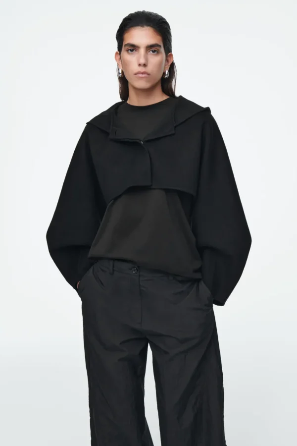 COS CROPPED DOUBLE-FACED WOOL HOODED JACKET BLACK Clearance