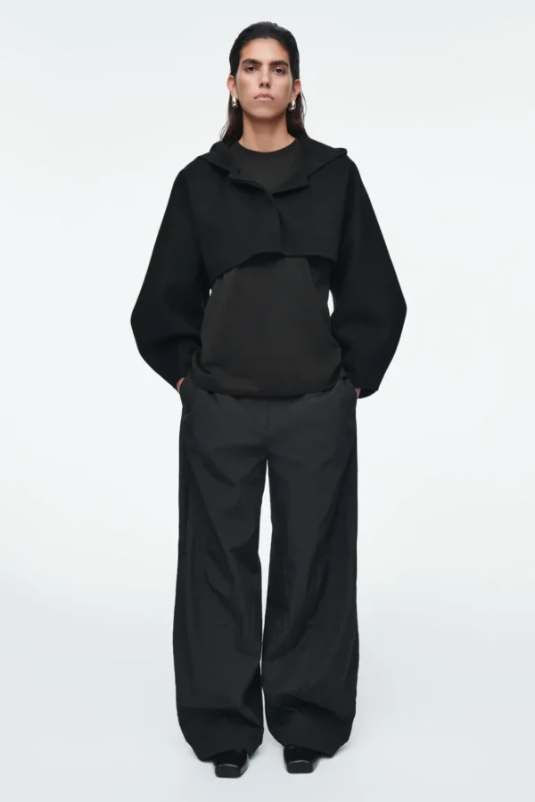 COS CROPPED DOUBLE-FACED WOOL HOODED JACKET BLACK Clearance