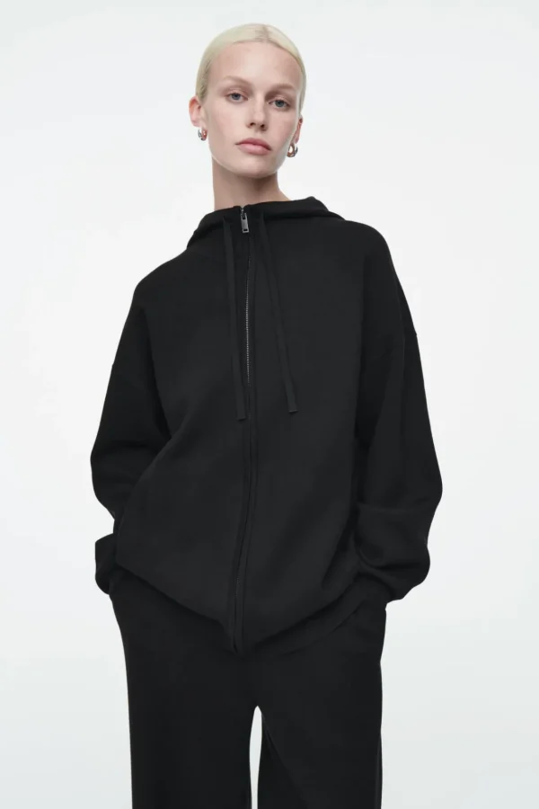 COS DOUBLE-FACED KNITTED ZIP-UP HOODIE BLACK New