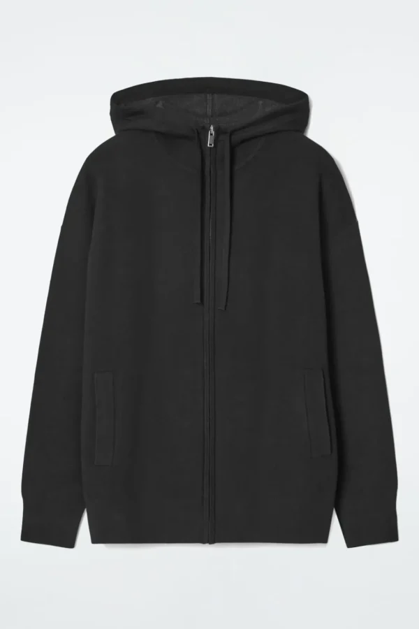 COS DOUBLE-FACED KNITTED ZIP-UP HOODIE BLACK New