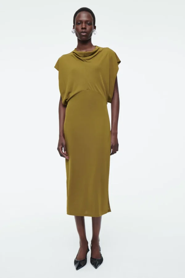 COS DRAPED COWL-NECK MIDI DRESS KHAKI GREEN Clearance