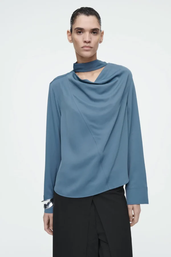 COS DRAPED SCARF-DETAIL BLOUSE BLUE Best