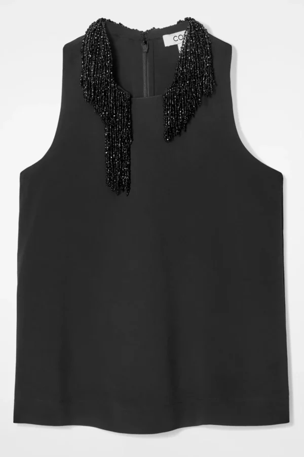 COS EMBELLISHED RACER-NECK TOP BLACK Cheap