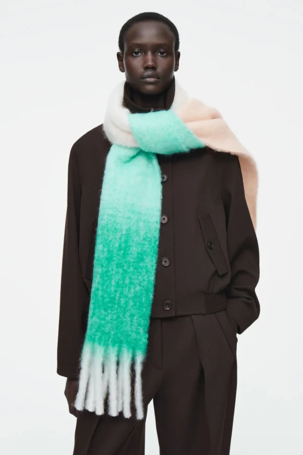 COS FRINGED BRUSHED-MOHAIR SCARF GREEN / IVORY / APRICOT Online