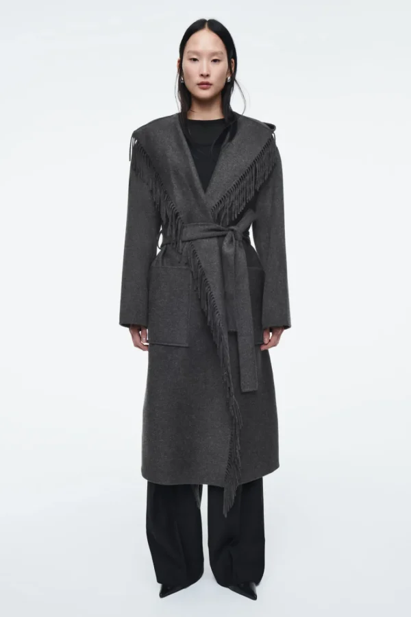 COS FRINGED DOUBLE-FACED WOOL COAT DARK GRAY Hot