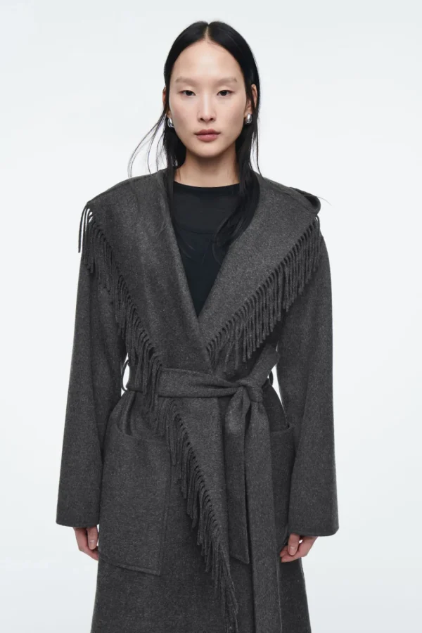 COS FRINGED DOUBLE-FACED WOOL COAT DARK GRAY Hot