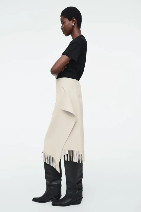 COS FRINGED WOOL MIDI WRAP SKIRT WHITE Cheap