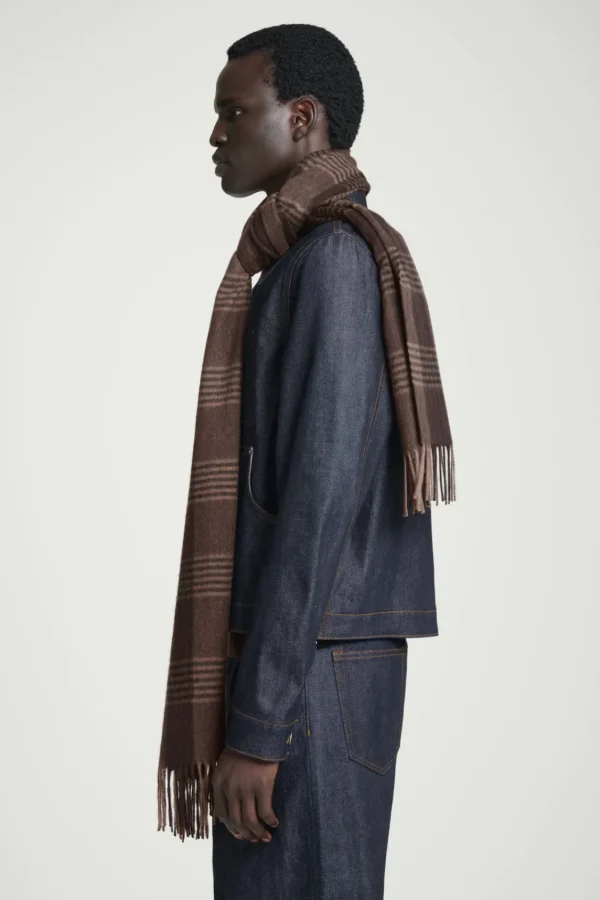 COS FRINGED WOOL-CASHMERE SCARF BROWN / APRICOT / CHECKED Hot