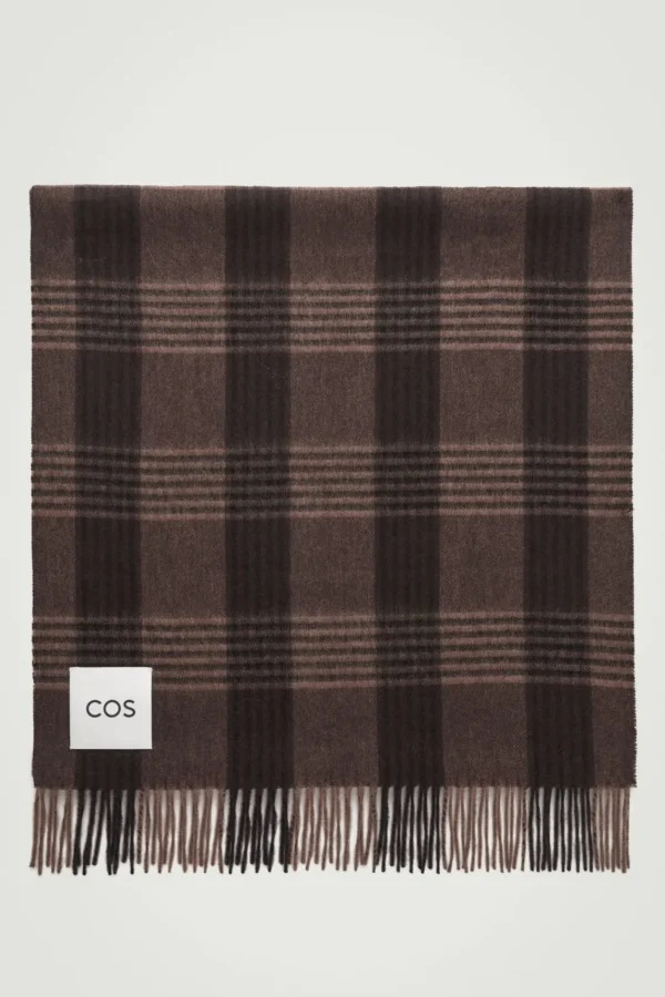 COS FRINGED WOOL-CASHMERE SCARF BROWN / APRICOT / CHECKED Hot