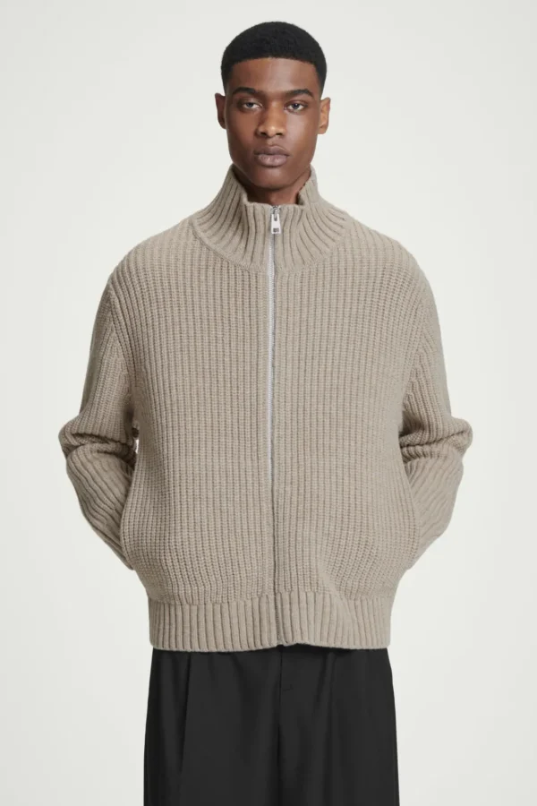 COS FUNNEL-NECK KNITTED WOOL JACKET BEIGE Flash Sale