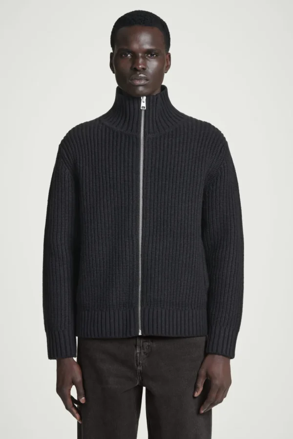 COS FUNNEL-NECK KNITTED WOOL JACKET NAVY Store