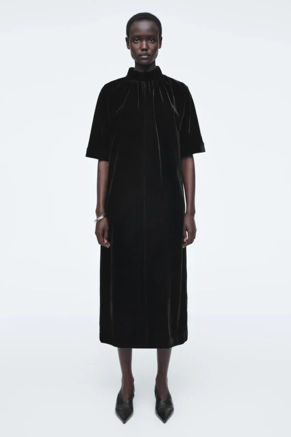 COS GATHERED SILK-BLEND VELVET MIDI DRESS BLACK Sale