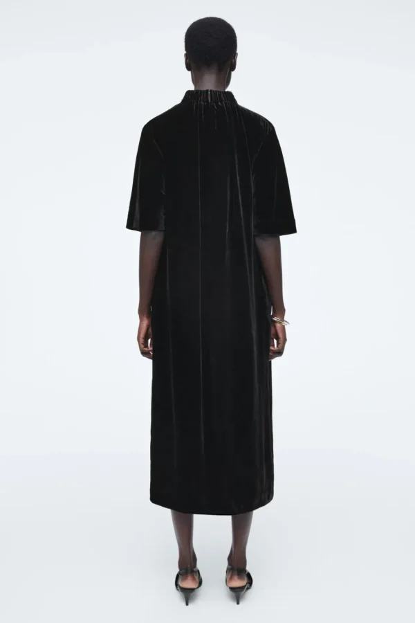 COS GATHERED SILK-BLEND VELVET MIDI DRESS BLACK Sale