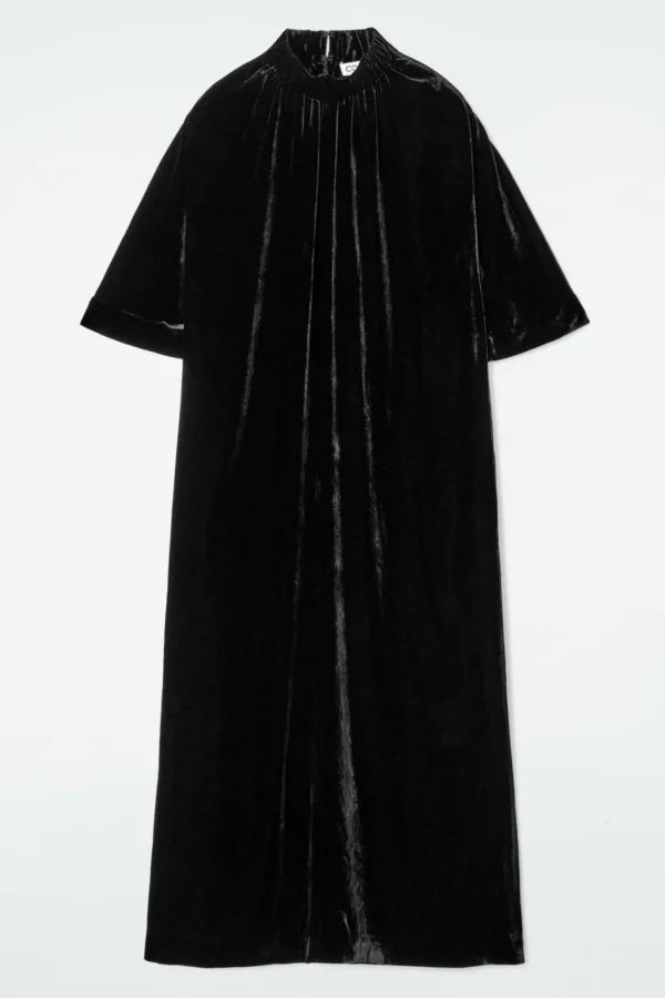 COS GATHERED SILK-BLEND VELVET MIDI DRESS BLACK Sale