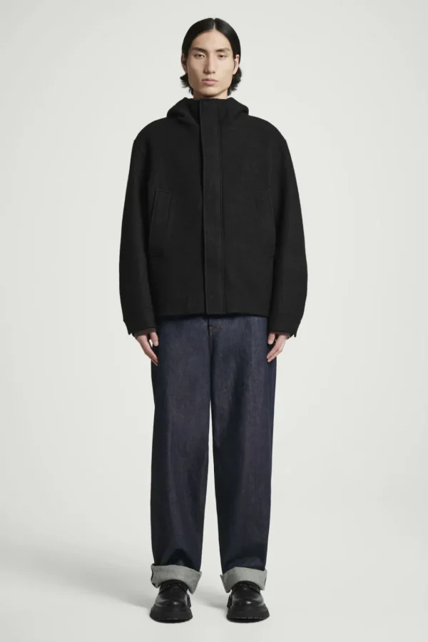 COS HOODED BOILED WOOL PARKA JACKET BLACK Store