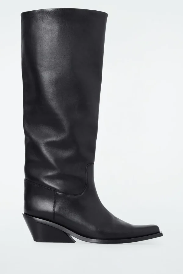 COS KNEE-HIGH LEATHER COWBOY BOOTS BLACK Clearance